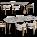 Modern Dining Table And Chair Set With Marble Tabletop Wooden Frame And White Cushions