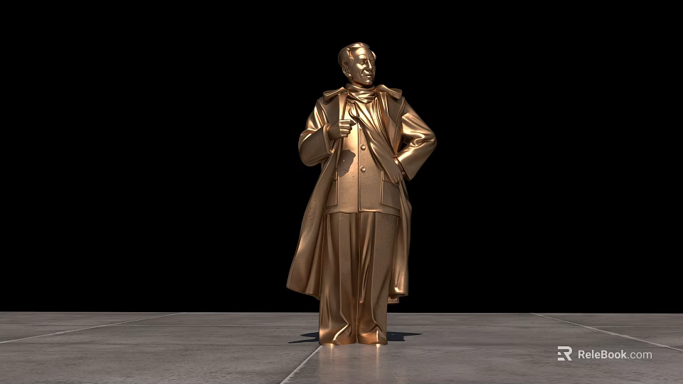 Golden Human Figure Landscape Sculpture With Long Coat Hands on Hips 3d model 