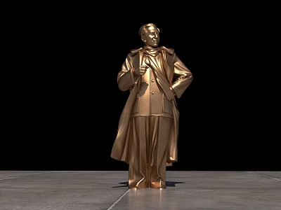 Golden Human Figure Landscape Sculpture With Long Coat Hands on Hips 3d model