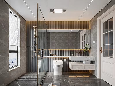 Elegant Modern Bathroom Interior With Glass Shower Marble Walls Vanity Mirror And Lighting 3d model