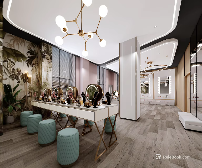 Elegant Beauty Salon Interior With Vanity Tables Mirrors Green Plants And Chandelier 3d model 
