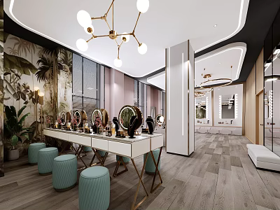 Elegant Beauty Salon Interior With Vanity Tables Mirrors Green Plants And Chandelier 3d model