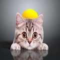 Cute Cat With Yellow Ball On Head Lying On Black Surface Big Eyes And Reflection 3d model