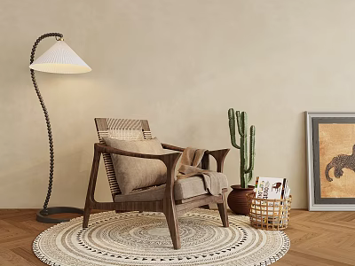 Cozy Wooden Lounge Chair With Floor Lamp Cactus Magazines And Woven Rug 3d model