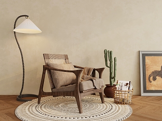 Quiet Leisure Chair Plant Potted Floor Lamp Solid Wood Rattan Leisure Chair with Armrests 3d model