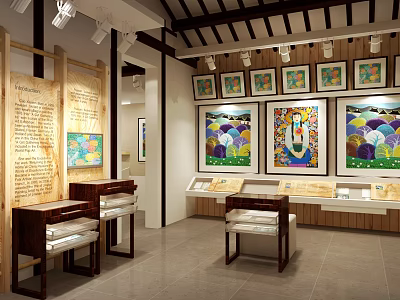 Traditional Art Exhibition Hall With Colorful Paintings On Walls Wooden Tables And Display Cabinets 3d model