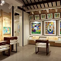 Traditional Art Exhibition Hall With Colorful Paintings On Walls Wooden Tables And Display Cabinets