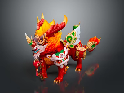 Game Movie Mythical Character With Red Yellow Fur Flaming Horns Green White Decorative Patterns 3d model