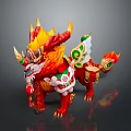Game Movie Mythical Character With Red Yellow Fur Flaming Horns Green White Decorative Patterns