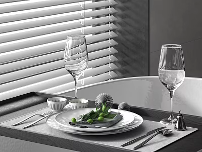 Elegant Dinnerware Set With Plates Cutlery Wine Glasses And Green Leaves On Dining Table 3d model
