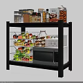 Vegetables and Fruits in Wire Baskets on Black Metal Kitchen Shelf with Microwave and Jars