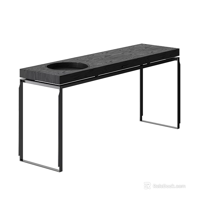Modern Black Dining Table With Circular Recess And Metal Legs Design 3d model 