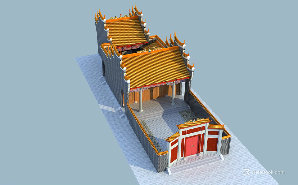Traditional Ancient Chinese Architecture Featuring Yellow Glazed Roof Ornamental Eaves Red Door and White Walls 3d model 