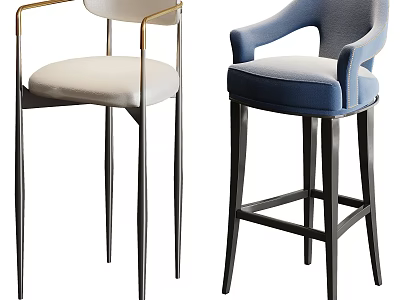 Modern Bar Stools Featuring White And Blue Upholstered Seats With Metal Legs And Armrests 3d model
