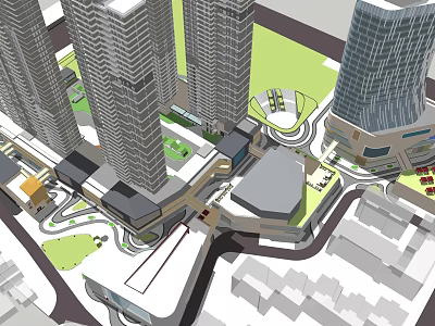 Modern Urban Plaza Landscape Design With High Rise Buildings Green Space And Pedestrian Walkways 3d model