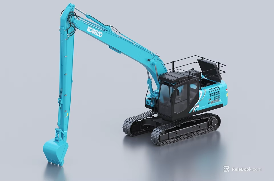 Blue Kobelco Excavator Function Vehicle With Long Boom Tracked Chassis And Bucket 3d model 