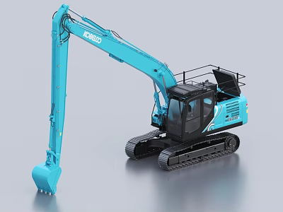 Blue Kobelco Excavator Function Vehicle With Long Boom Tracked Chassis And Bucket 3d model