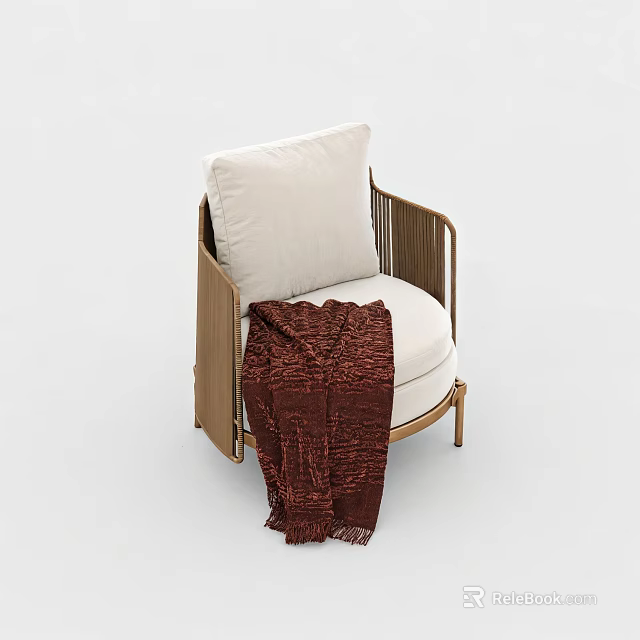 Stylish Rattan Accent Chair With Light Colored Cushion And Deep Red Woven Blanket 3d model 