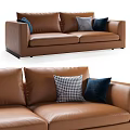 Brown Leather Two Seater Sofa With Dark Blue And Checkered Cushions 3d model