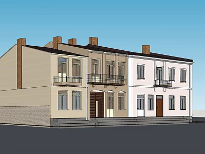 Two Story Townhouse Exterior With Beige White Facade Windows Balconies and Chimneys 3d model