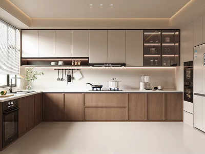 Modern Open Concept Kitchen With Cabinetry Countertop Appliances And Lighting 3d model