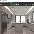 Modern Kitchen Interior With Gray Cabinets Central Island Large Windows And Natural Light 3d model