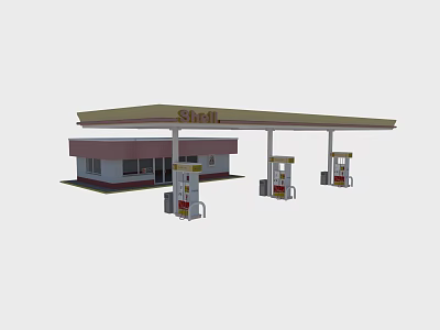 Shell Gas Station Exterior View With Canopy Building And Multiple Fuel Pumps 3d model