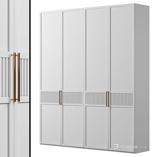 Sleek Modern White Wardrobe Interior With Gold Handles And Lattice Panel Design 3d model 