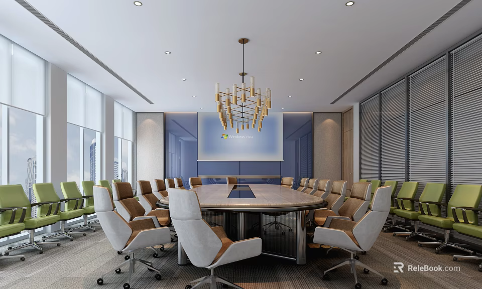 Modern Conference Room Interior With Round Table Multiple Chairs Chandelier And Large Screen 3d model 