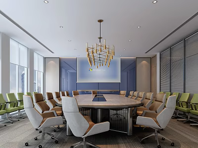 Modern Conference Room Interior With Round Table Multiple Chairs Chandelier And Large Screen 3d model