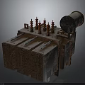 Vintage Industrial Transformer Featuring Rusty Metal Casing Red Insulators And Cooling Fins