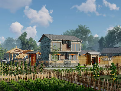 Rural Landscape With Traditional Stone House Tiled Roof Wooden Fence Vegetable Garden And Surrounding Trees 3d model