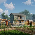 Rural Landscape With Traditional Stone House Tiled Roof Wooden Fence Vegetable Garden And Surrounding Trees