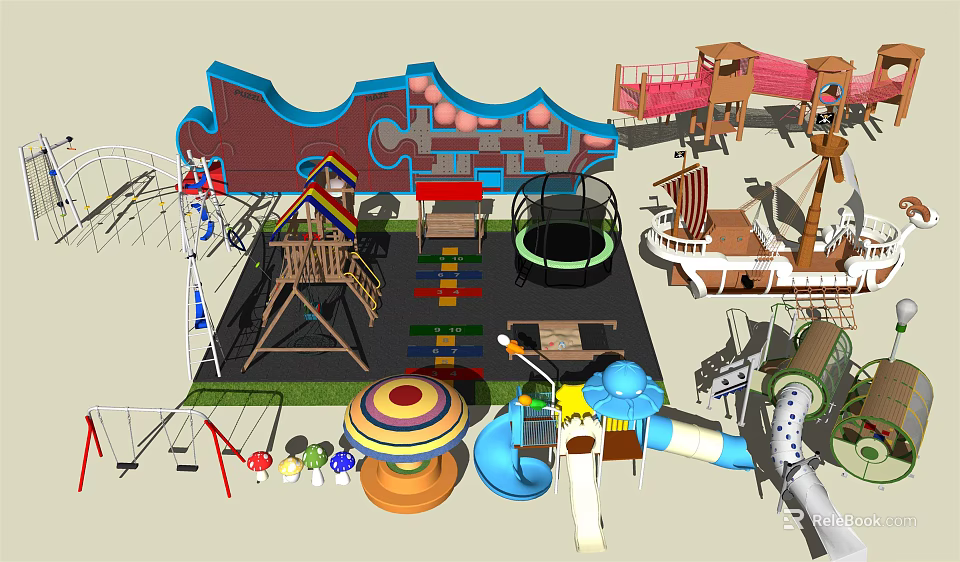 Colorful Outdoor Playground Equipment With Swings Slides Climbing Frames And Trampoline 3d model 