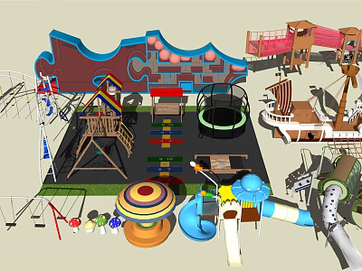 Colorful Outdoor Playground Equipment With Swings Slides Climbing Frames And Trampoline 3d model