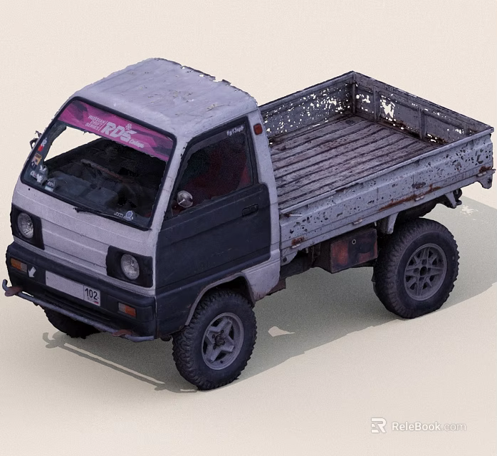 Old Small Truck With Open Bed Gray Black Color And Pink Sticker 3d model 