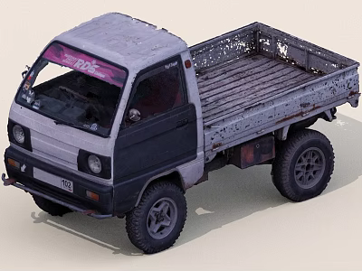 Old Small Truck With Open Bed Gray Black Color And Pink Sticker 3d model