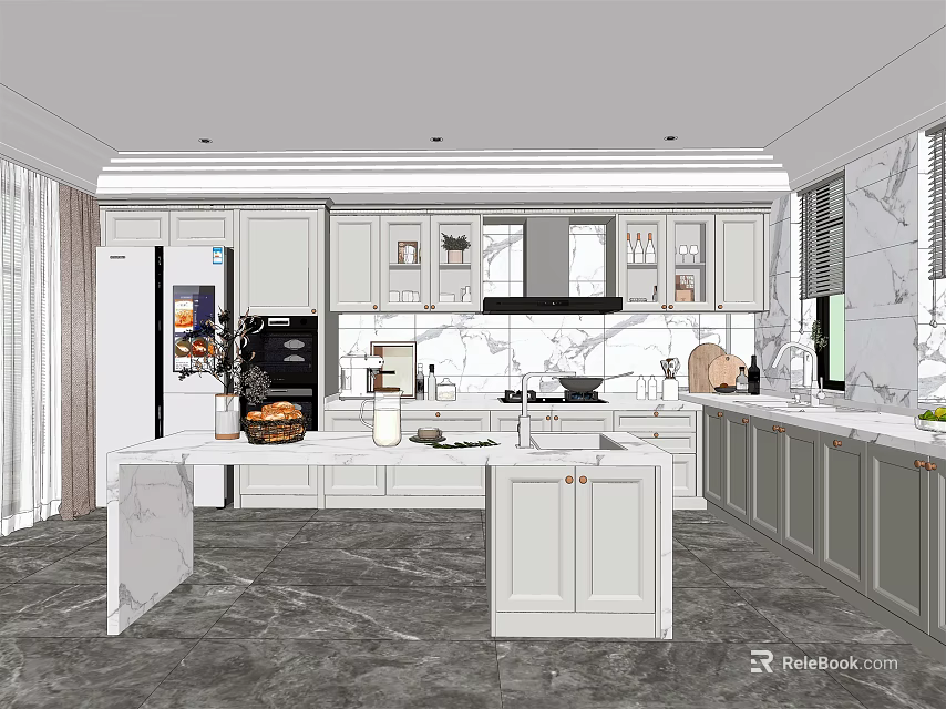 Modern Kitchen Interior With White Cabinets Marble Island Countertops And Appliances 3d model 