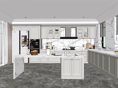 Modern Kitchen Interior With White Cabinets Marble Island Countertops And Appliances 3d model