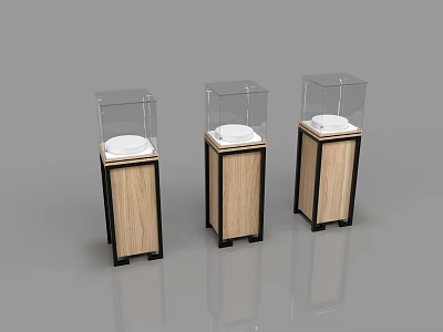 Three Modern Showcase Shelves with Wooden Cabinet Black Frame Transparent Glass Cover White Display Items 3d model