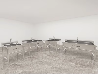 White Interior Room Featuring Four Stainless Steel Sinks On Marble Floor 3d model