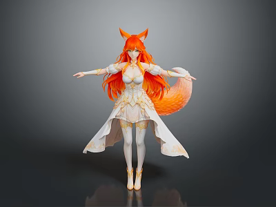Anime Character Model Featuring Fox Ears Long Red Hair Fox Tail And White Outfit 3d model