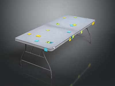 Foldable Office Desk With Gray Desktop And Colorful Sticky Notes On Metal Frame Workspace 3d model