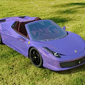 Purple Ferrari Convertible Sports Car with Open Top on Green Grass Field