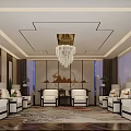 Elegant Hotel Lobby Interior Design With Marble Reception Desk Hanging Lights And Potted Plants