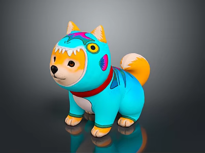 Colorful Shiba Inu Shark Costume Decorative Furniture Figurine With Blue Yellow Red Details 3d model