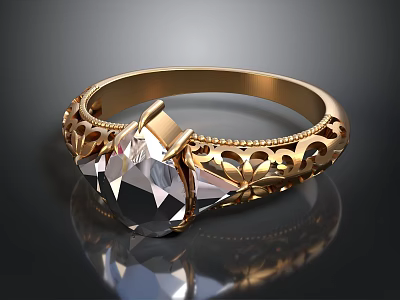 Elegant Gold Ring With Teardrop Gemstone And Intricate Filigree Design 3d model