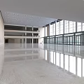 Reception Desk in Spacious Hall with Large Glass Windows Polished Marble Floor Multi Level Lighting