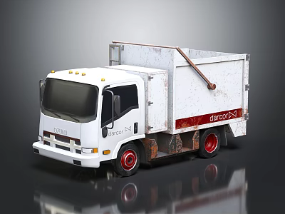White Garbage Truck With Red Wheels And Rusty Details On Gray Surface 3d model
