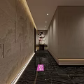 Chinese Style Hotel Lobby With Latticed Ceiling Chandelier Landscape Painting And Marble Floor